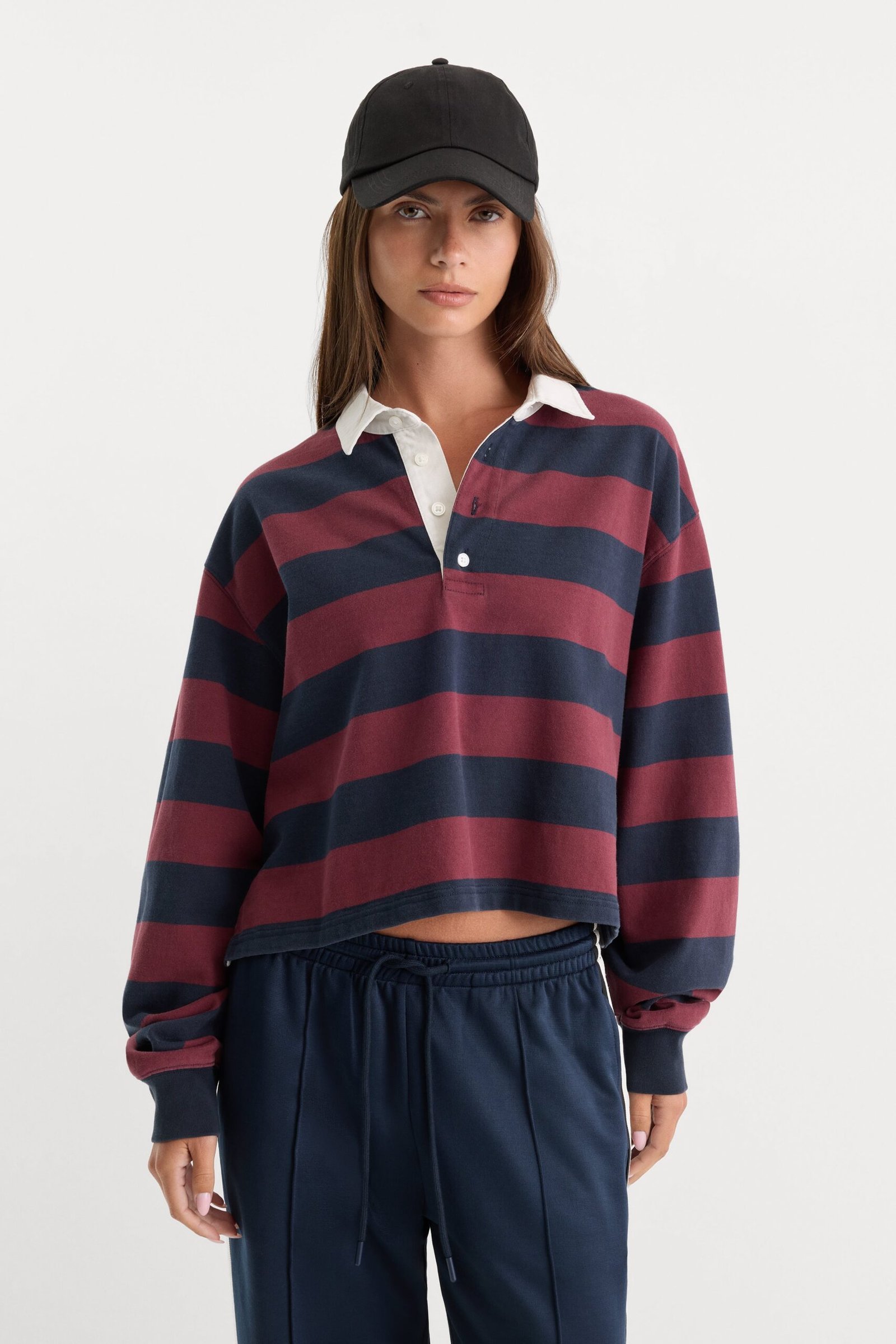 THE CROPPED RUGBY POLO | NAVY BERRY NOIR BLOCK STRIPE