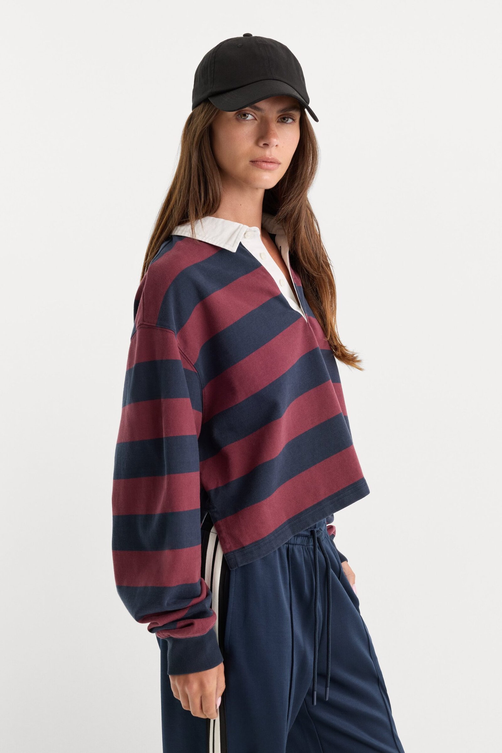 Alternative view of THE CROPPED RUGBY POLO | NAVY BERRY NOIR BLOCK STRIPE